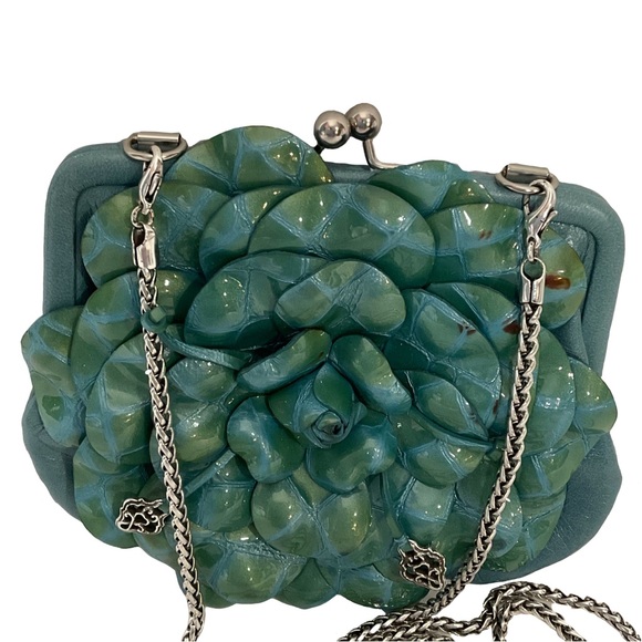 Brighton Roselie Green Layered Floral Design Long Silver Chain Kiss Lock Bag - Picture 1 of 16